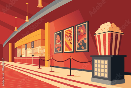 Mall cinema lobby with posters and popcorn stand.