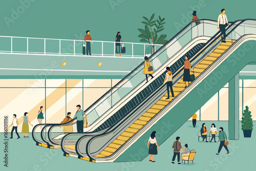 Busy mall interior with escalators and shoppers.