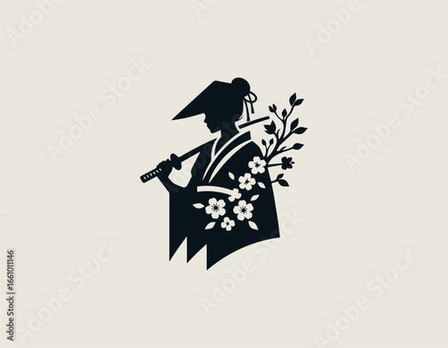 A graceful female warrior with a traditional kimono and a katana sword against a pink sun. Japanese art concept