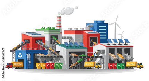Ecological Harmony: A Modern Waste Management Plant Visualizing Sustainability and Clean Energy Production in a Bright and Detailed Vector