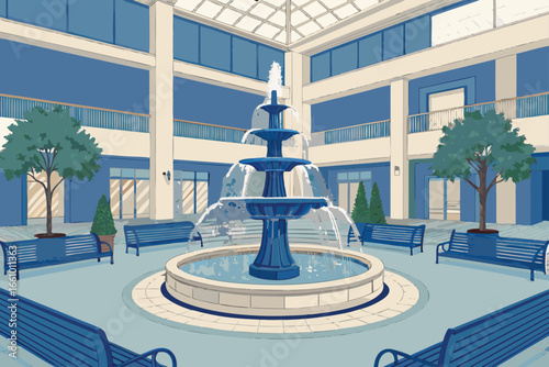 Mall fountain in central atrium with benches around.