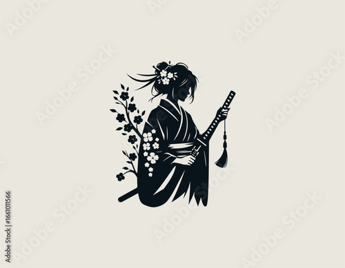 A graceful female warrior with a traditional kimono and a katana sword against a pink sun. Japanese art concept