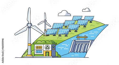 Sustainable power generation through integrated wind solar and hydroelectric infrastructure landscape illustration concept with modern design