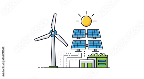 Sustainable Energy Concept: Wind Turbine and Solar Panels for Renewable Power Generation on White Backdrop