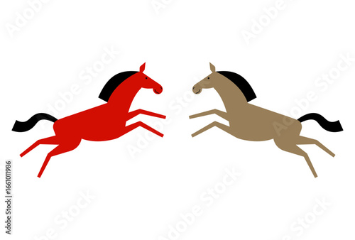 向かい合わせでジャンプする2頭の馬のミニマルなイラスト　和風モダン　午年用の年賀素材
