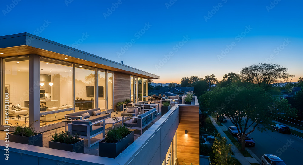 Fototapeta premium Modern house exterior with deck and city view at twilight time