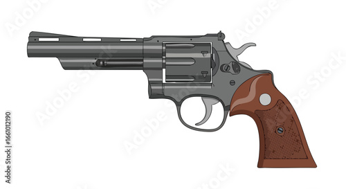 Vector illustration showcasing a classic revolver firearm design with a distinct dark metal finish and wooden grip detailing precision and strength
