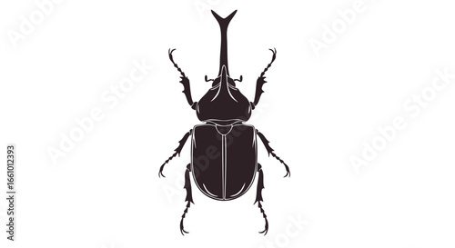 Stylized rhinoceros beetle illustration with stark black and white contrast drawing attention to its distinctive horn and detailed legs