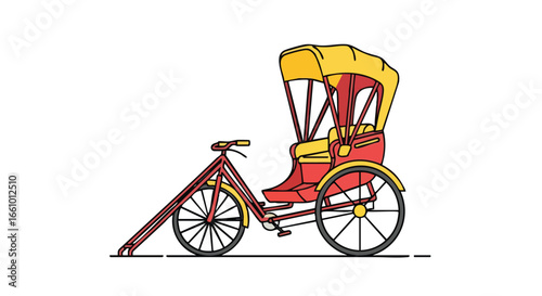 Traditional Three-Wheeled Bicycle Rickshaw with a Canopy in Red and Yellow Isolated Against a White Backdrop Depicts South Asian Culture and