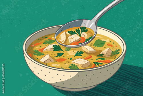 Close-up spoon scooping rich chicken soup, steam rising, comforting, delicious, homemade, wholesome food.