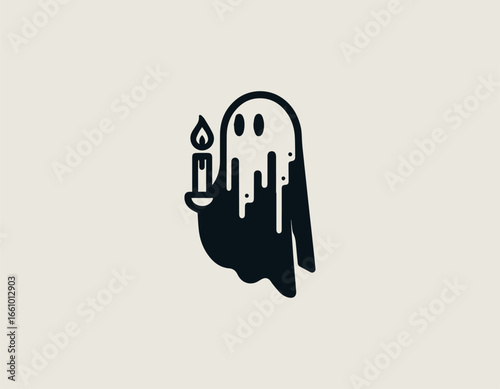 Friendly and smiling ghost character holding a brightly lit glowing candle. Halloween concept