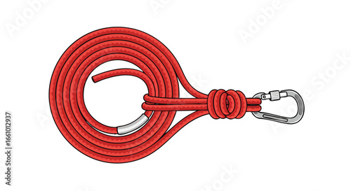 Crimson Climbing Rope Coil with Carabiner, Symbolizing Preparedness for Outdoor Adventures or Emergency Situations, Isolated on a White Background