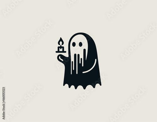 Friendly and smiling ghost character holding a brightly lit glowing candle. Halloween concept