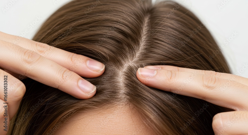 Obraz premium Close-up view of a woman's scalp and hair, highlighting the texture and condition of her hair follicles.
