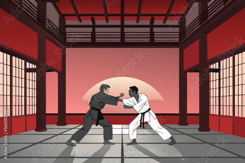 Two fighters spar in a martial arts dojo interior.