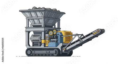 Stylized stone crusher illustration showcases industrial crushing and conveying equipment, conveying efficient aggregate production and engineering