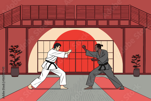 Two fighters sparring in a martial arts dojo.