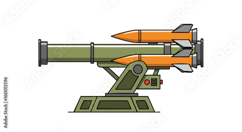 Cartoonish missile launcher, military armament with orange rockets ready for action