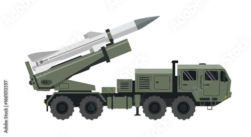 Mobile Missile Launcher Illustration: Strategic Military Vehicle Prepared for Tactical Deployment Aiming Skyward Ready for Operation Awaiting