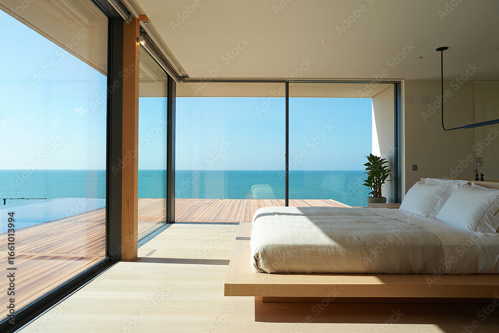Obraz premium Luxury Bedroom Oasis Stunning Ocean Views and Modern Interior Design Concepts