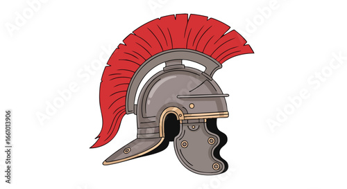 Detailed depiction of an ancient Roman military helmet with distinctive red crest and intricate design elements on a white backdrop