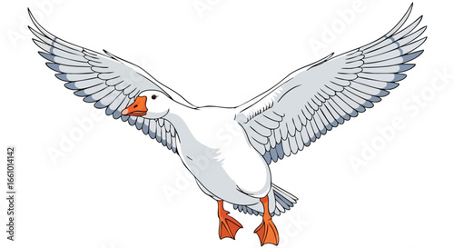 Elegant Flight: A Hand-Drawn Illustration of a Majestic White Goose Spreading its Wings in the Sky, showcasing artistry and ornithological detail