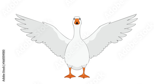 Majestic goose poised for take-off, wings outstretched, embodying freedom and a bold announcement against a pristine white canvas