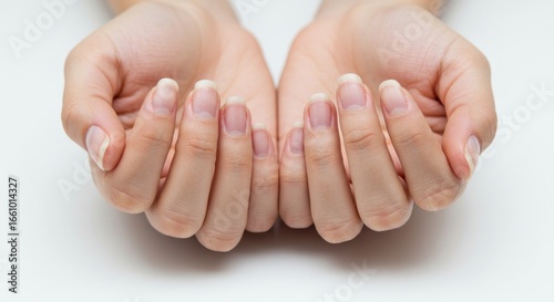 Close-up of a woman's hands with natural, unpolished fingernails, showcasing nail health and the need for a manicure on a clean white background.