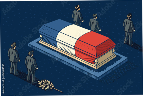 A solemn coffin draped in a nation's flag, marking a solemn memorial service, honor, respect, and remembrance.