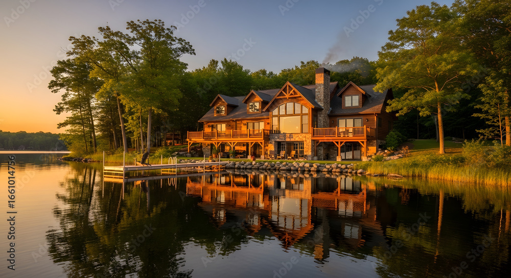Fototapeta premium Beautiful lake house reflecting on the water at sunset in the summer