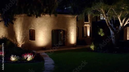 Elegant home exterior illuminated by warm landscape lighting at night