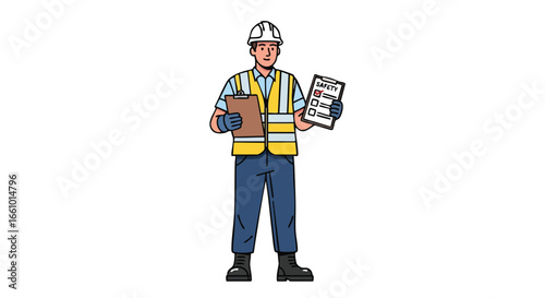 Cartoon construction worker with safety checklist in hard hat, ensuring standards and protocol adherence at the worksite, promoting safe operational
