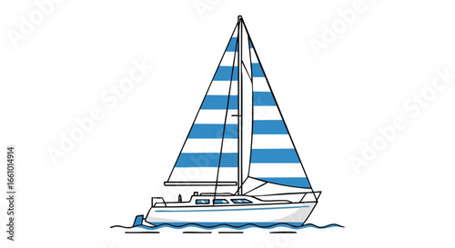 Illustration of a Sailboat on Water with Blue and White Striped Sails in a Minimalist Style Design
