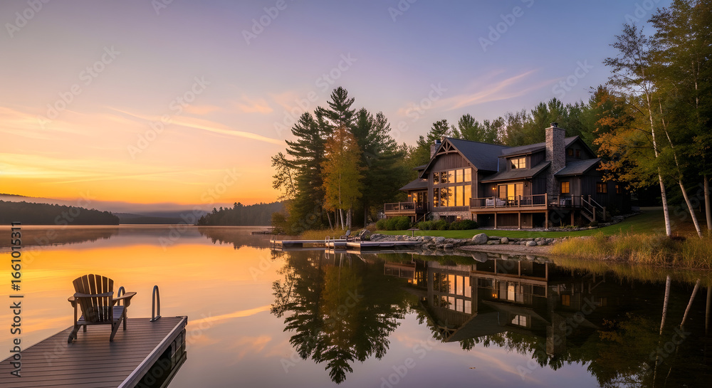 Fototapeta premium Lake house reflecting on the water at sunset with chair on the dock