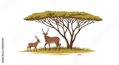 Serene savannah scene depicting a pair of elegant antelope sheltering under the widespread canopy of a verdant acacia tree, wildlife illustration,