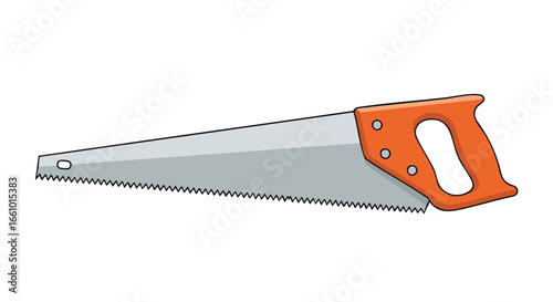 Cartoon Illustration of a Hand Saw with Orange Handle, Tool for Woodworking and Carpentry Projects, Isolated on White Backdrop