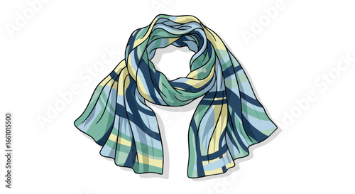 Elegant draped scarf with abstract geometric pattern in cool tones, a stylish fashion accessory for all seasons, vector illustration, design element