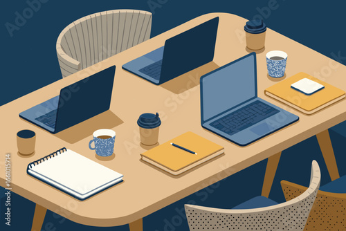 A polished conference table adorned with multiple laptops, open notebooks, and coffee cups, suggesting a productive meeting.
