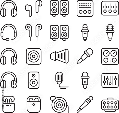 Collection of audio equipment icons isolated on transparent background