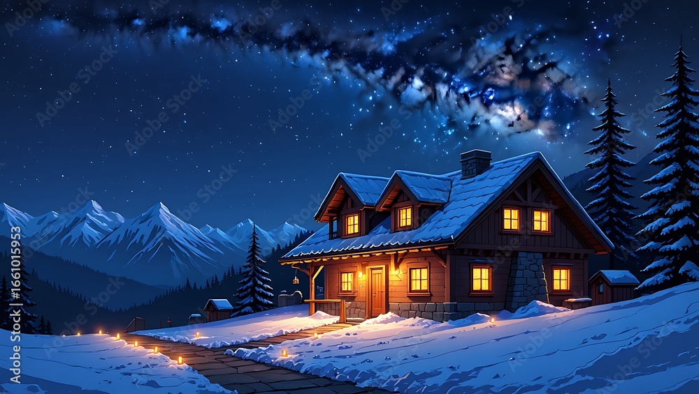 Naklejka premium Cozy Cabin Retreat under Starry Night Sky a Winter Wonderland Escape with Snow Capped Mountains and Glowing Lights