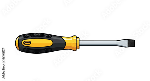 Isolated flathead screwdriver with yellow and black handle on white background rendering a clear and straightforward illustration for projects