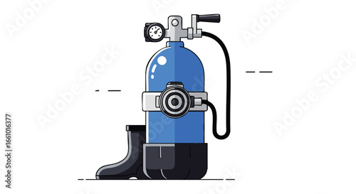 An illustration presenting scuba diving equipment including a blue oxygen tank with an attached boot, portraying underwater exploration theme