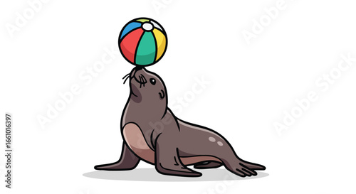 Cartoon seal balancing a colorful beach ball on its nose with a playful demeanor showcasing talent and skill animated and drawn style marine mammal