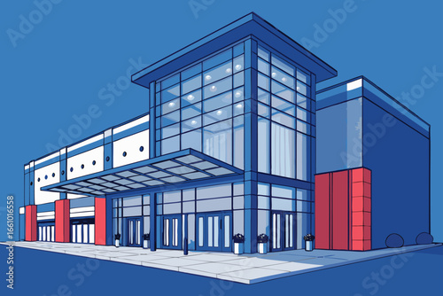 Modern mall exterior with glass facade and big entrance.