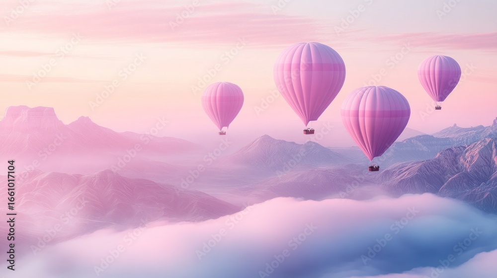 Obraz premium Pastel-colored hot air balloons drift serenely above a misty mountain range at sunrise, creating a dreamy, ethereal scene