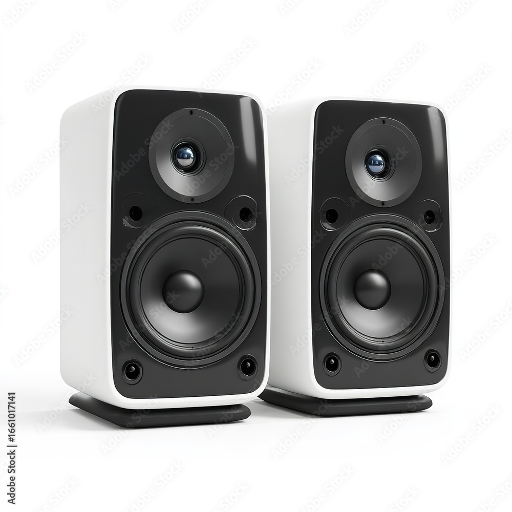 Fototapeta premium White bookshelf speakers audio sound system stereo music listening equipment for audiophiles and home theater 100