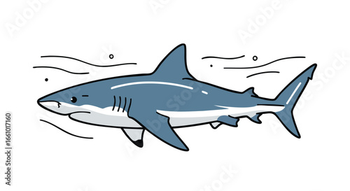 Stylized shark illustration swimming in the ocean with minimalist water lines around it, playful and educational design for children and adults alike