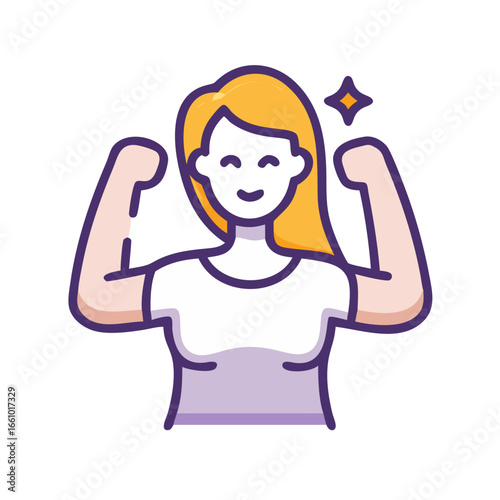 Strong woman flexing arms icon in flat cartoon style