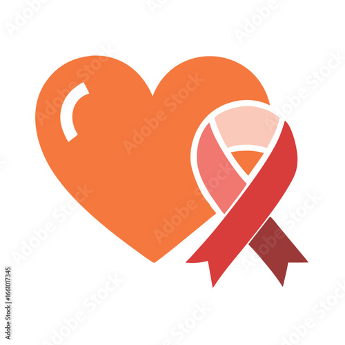 Heart and red awareness ribbon icon for health causes