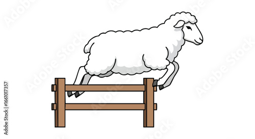 Playful Sheep Leaping Over a Rustic Wooden Fence in a Pastoral Scene Illustration